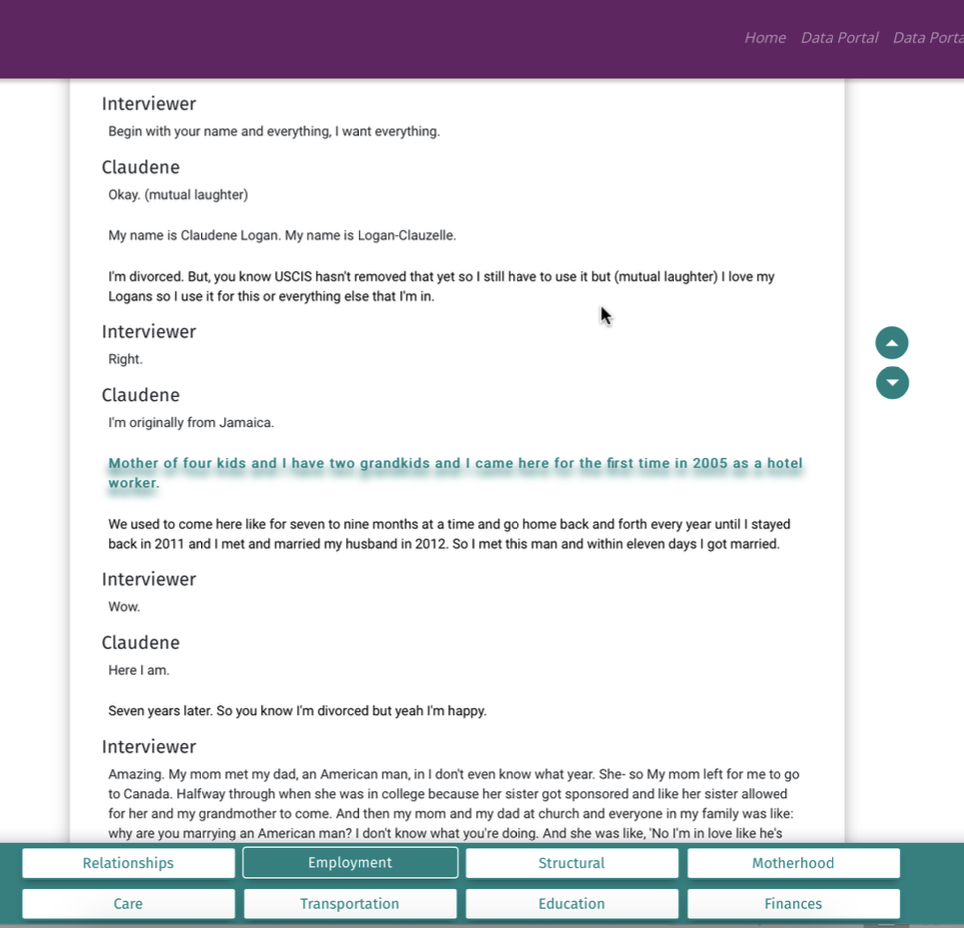 Story interface showing an interview with navigation controls