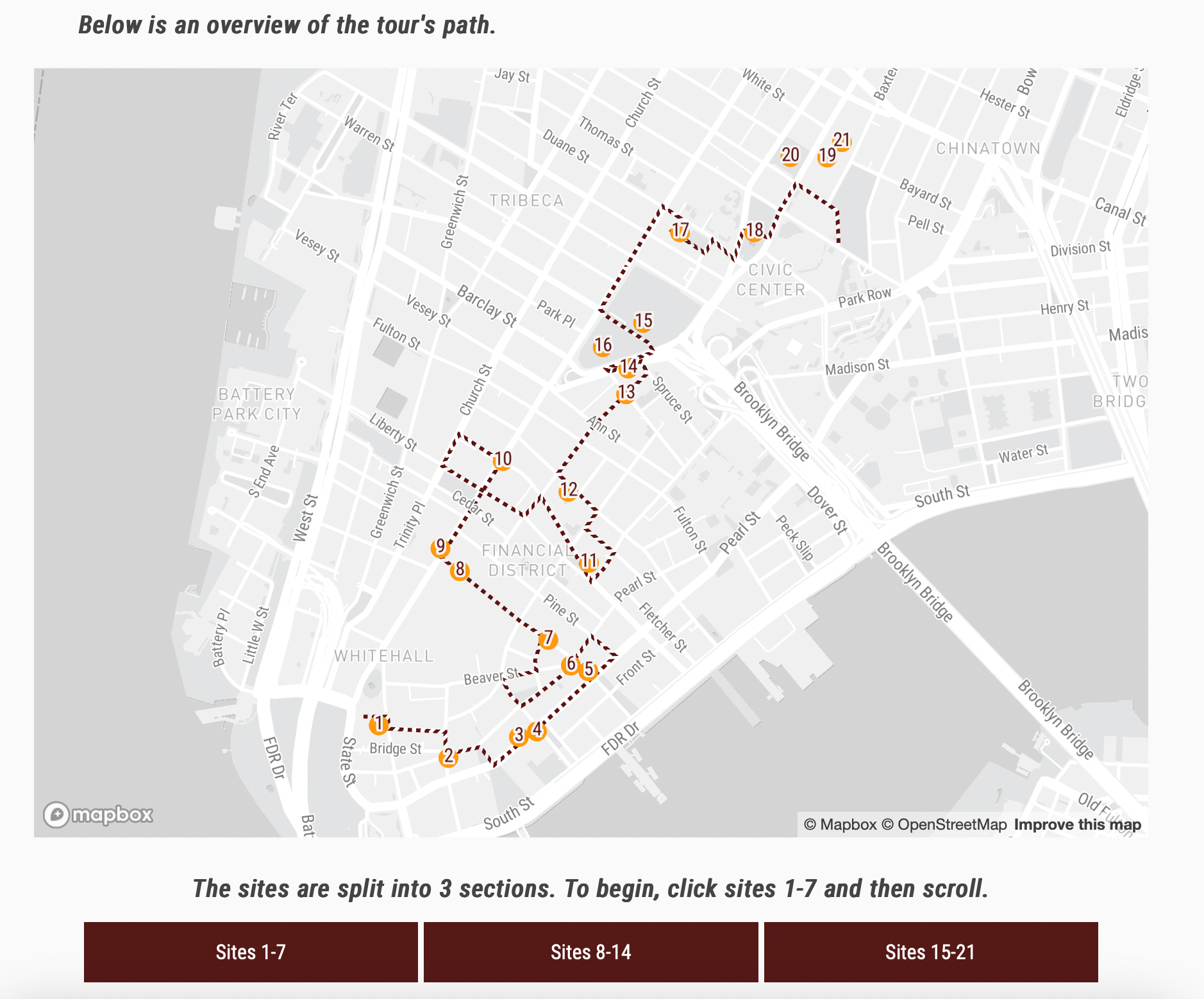 Screenshot of the Slavery and Resistance in NYC walking tour interface